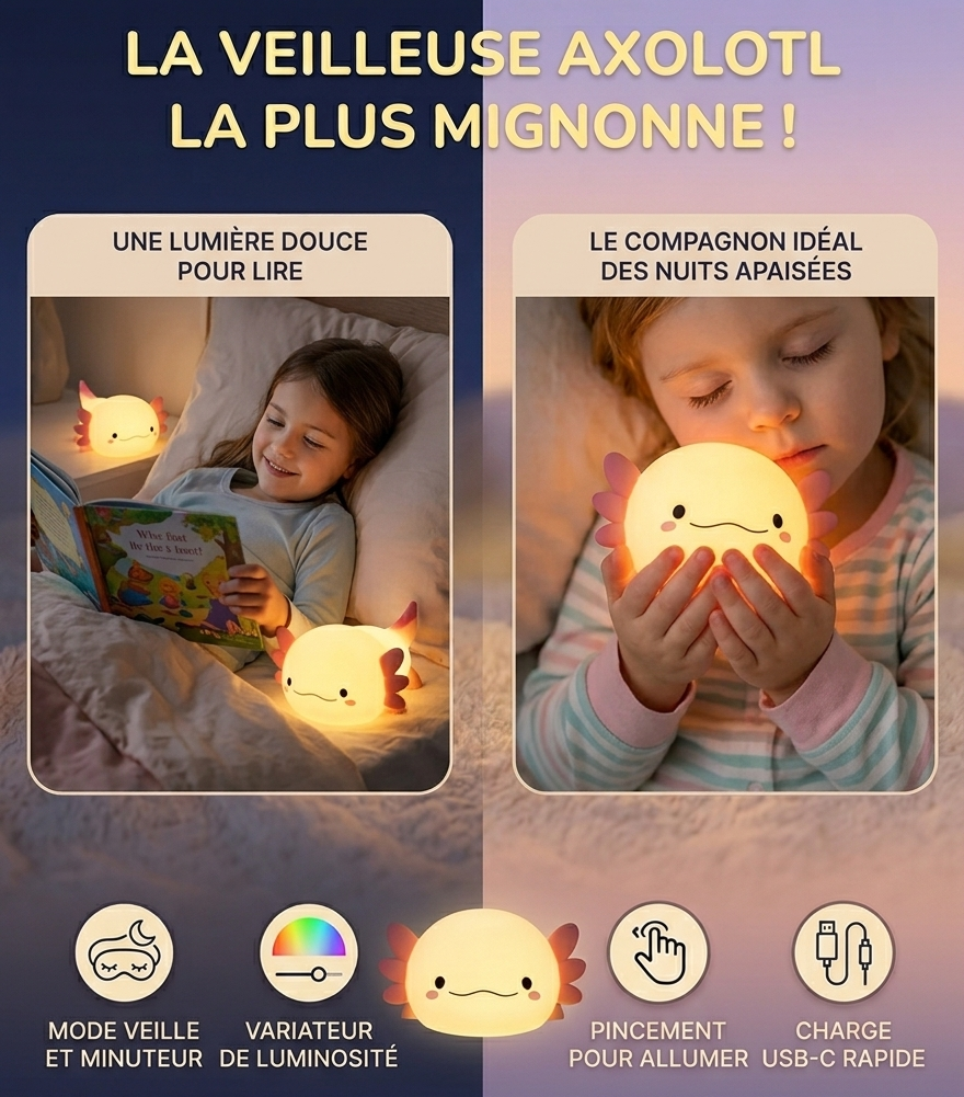 Veilleuse Axolotl en Silicone | Lampe Douce Enfant USB — Exolune
