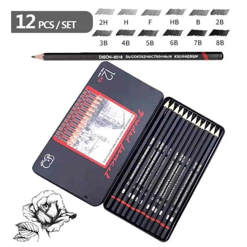 Graphite Pencils 2H-8B - Tin Box 12 Pieces